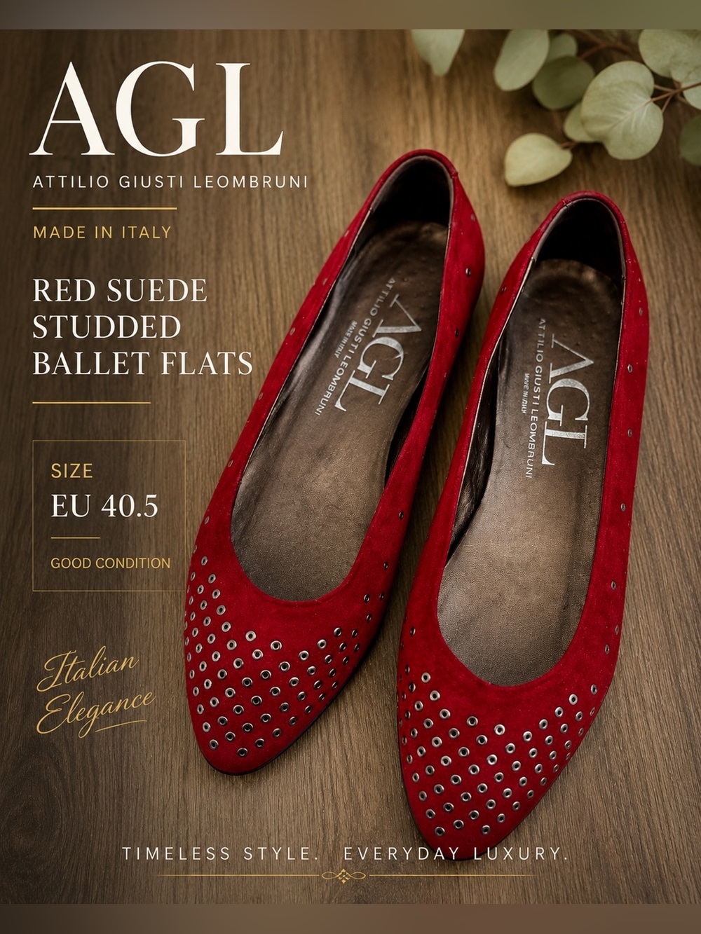 AGL Attilio Giusti Leombruni Red Suede Studded Ballet Flats Size 40.5